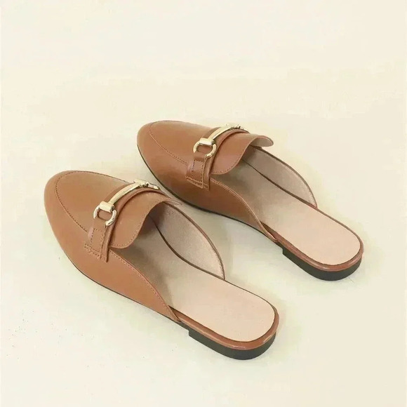 Brown Elegant Women's Metal Decor Flat Mules - Picture 8 of 8
